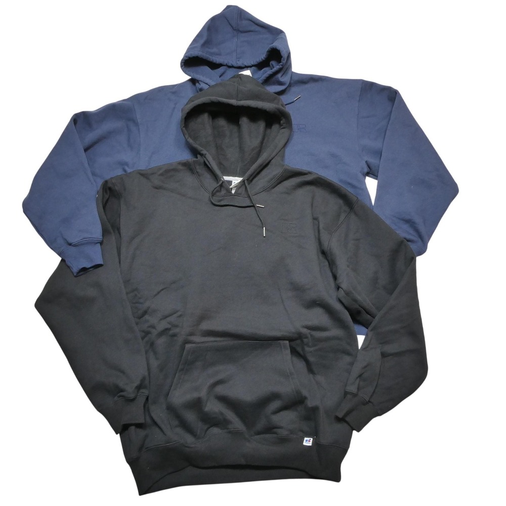 Russell Athletic Hoodie Sweatshirt Mens Large Black Navy Logo Fleece Pullover